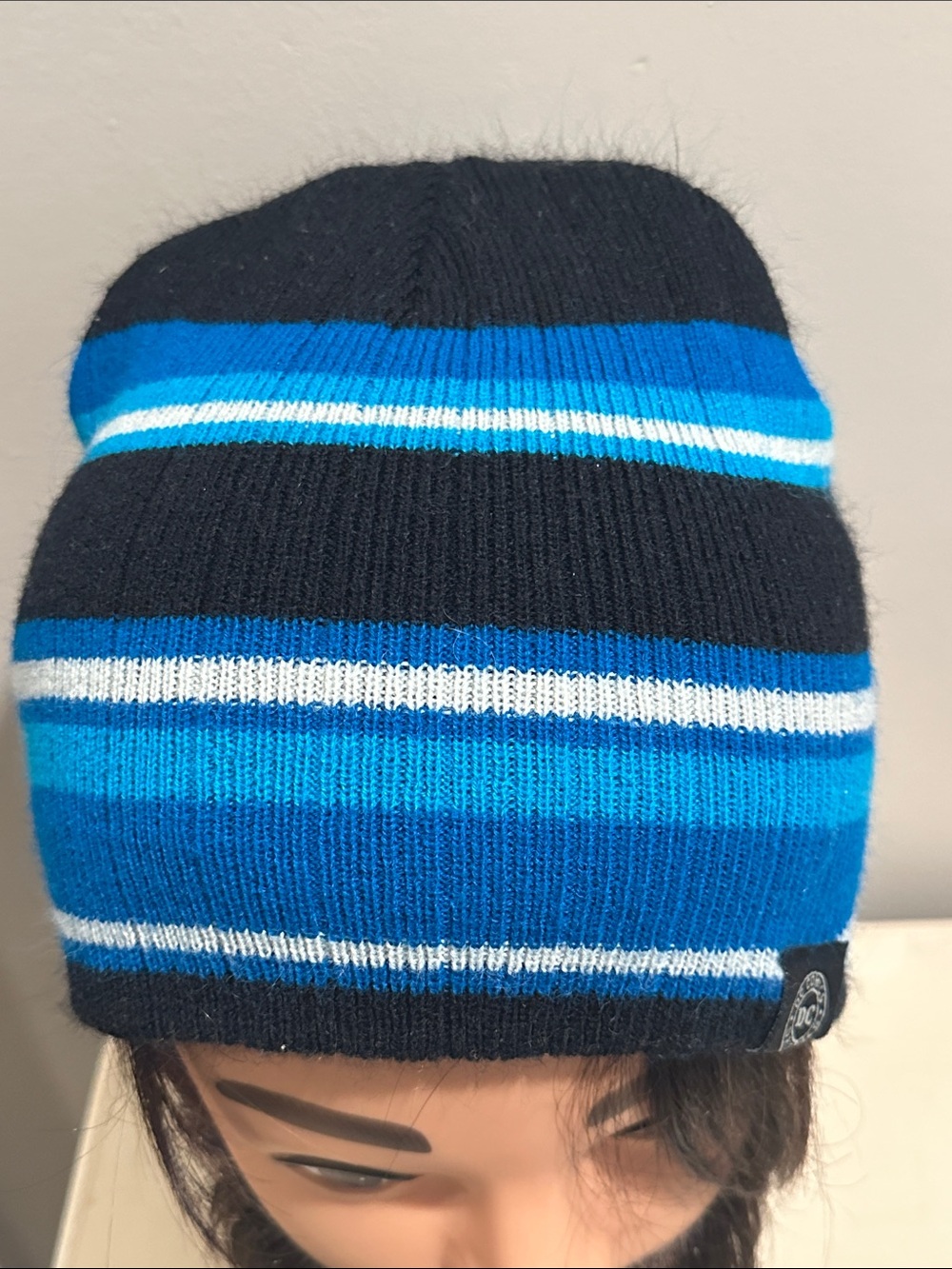 DC Comics Striped Blue Knit Beanie Bright Blue black and white